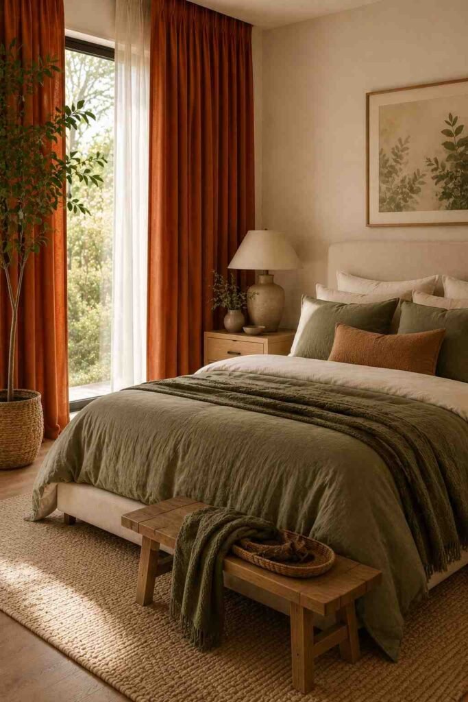 Terracotta orange curtains paired with sage green bedding, plants, and natural wood bedroom decor.