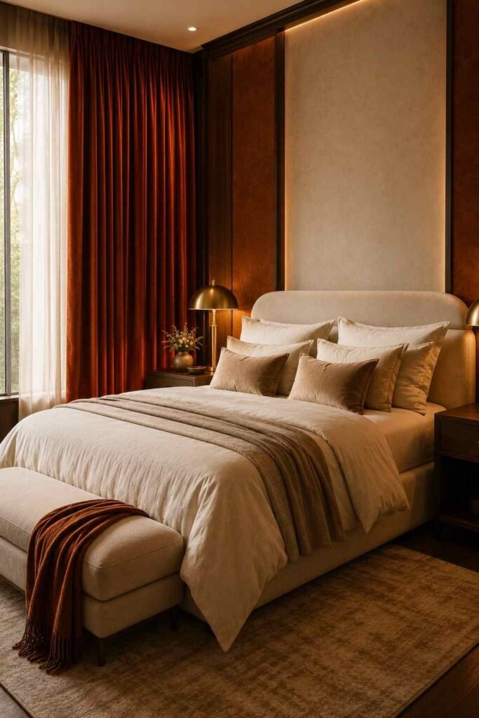 Luxurious bedroom with burnt orange velvet curtains, cream bedding, brass lighting, and elegant textures.