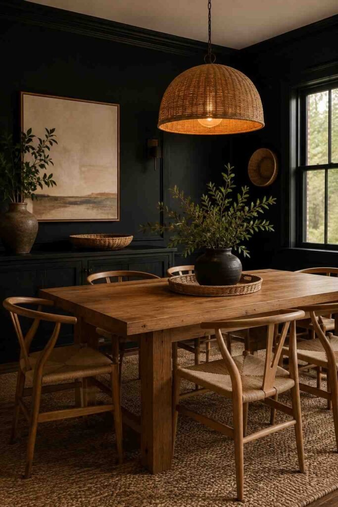 Black dining room walls paired with a warm oak dining table, wooden chairs, greenery, and cozy lighting.