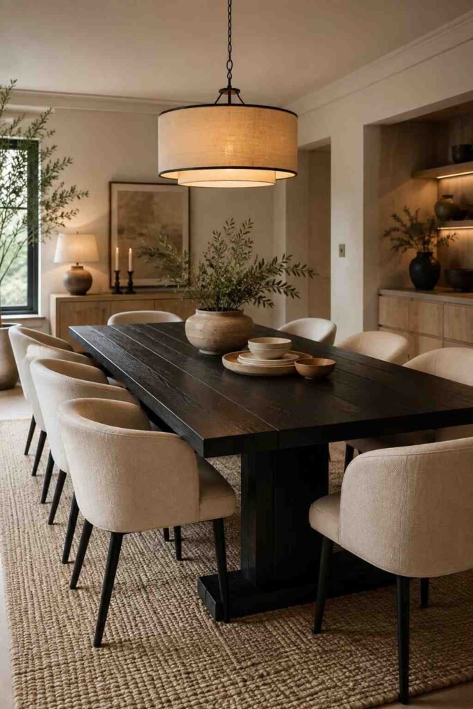 Black dining table surrounded by cream neutral chairs with warm lighting and simple modern decor.