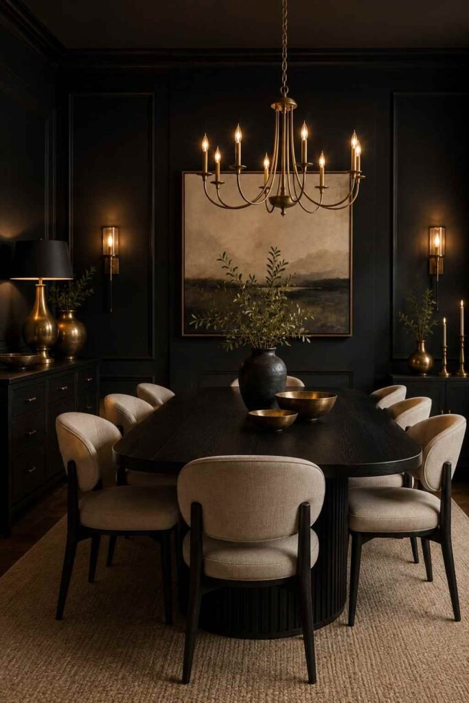 Elegant black dining room featuring brass lighting, cream chairs, and warm sophisticated accents.