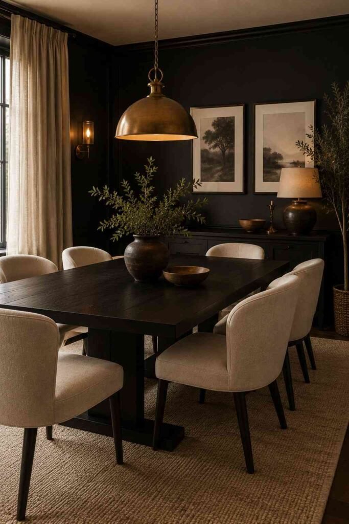 Black dining room with cream upholstered chairs, dark table, beige rug, and warm pendant lighting.