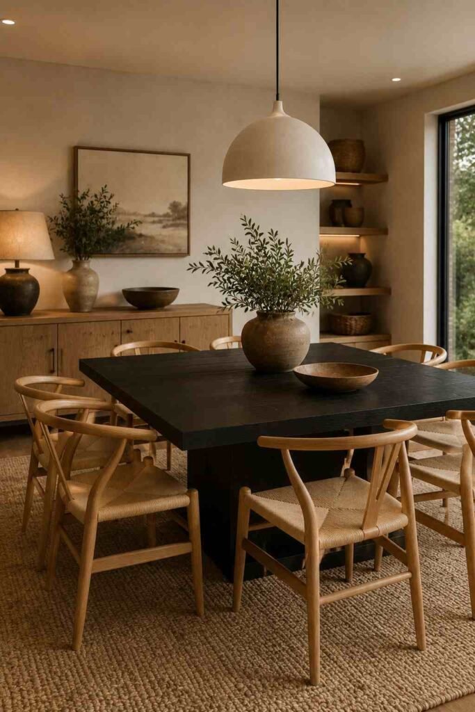 Black dining table combined with natural oak furniture, woven accents, greenery, and warm lighting.