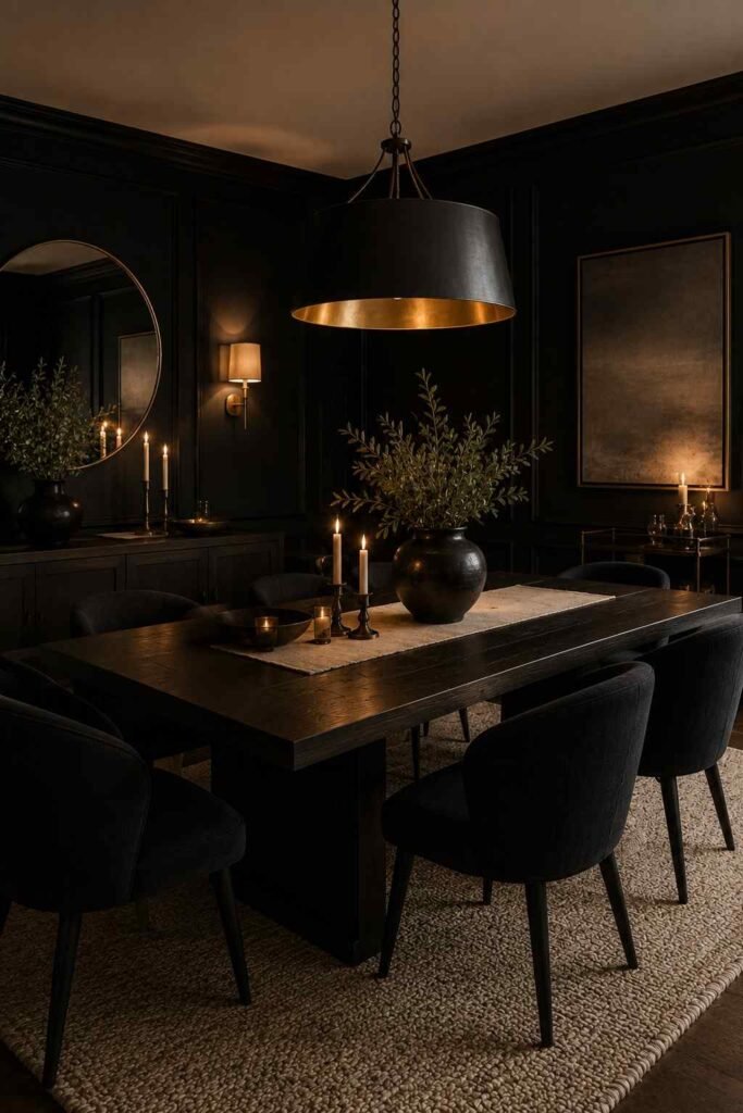 Moody black dining room with dark furniture, warm pendant lighting, candles, and intimate decor.