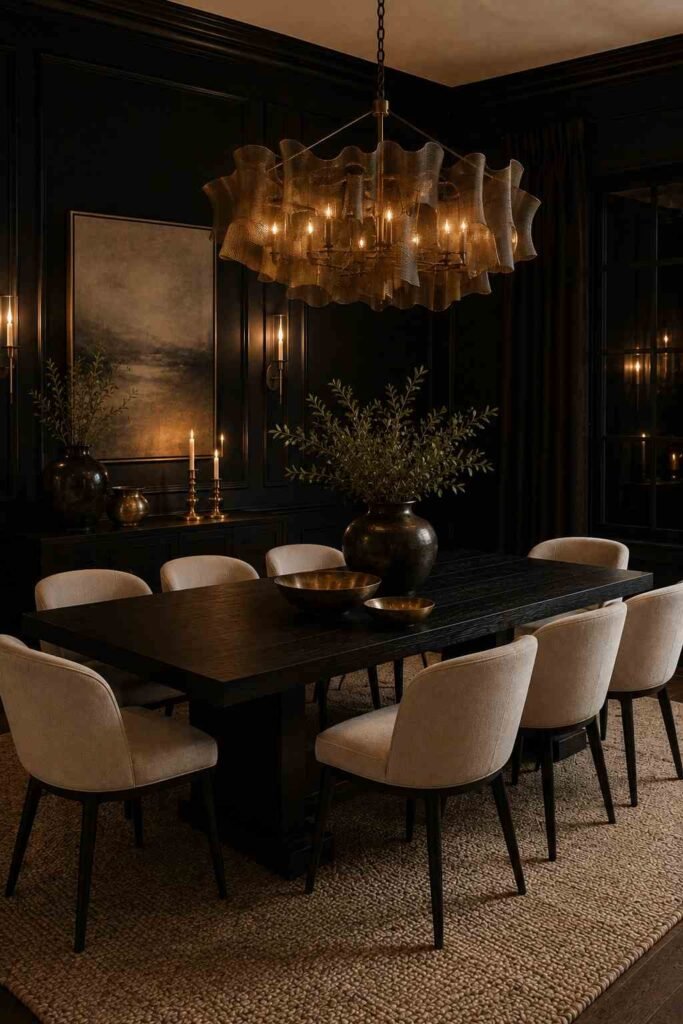 Black dining room with a dramatic statement chandelier, cream chairs, brass details, and warm lighting.
