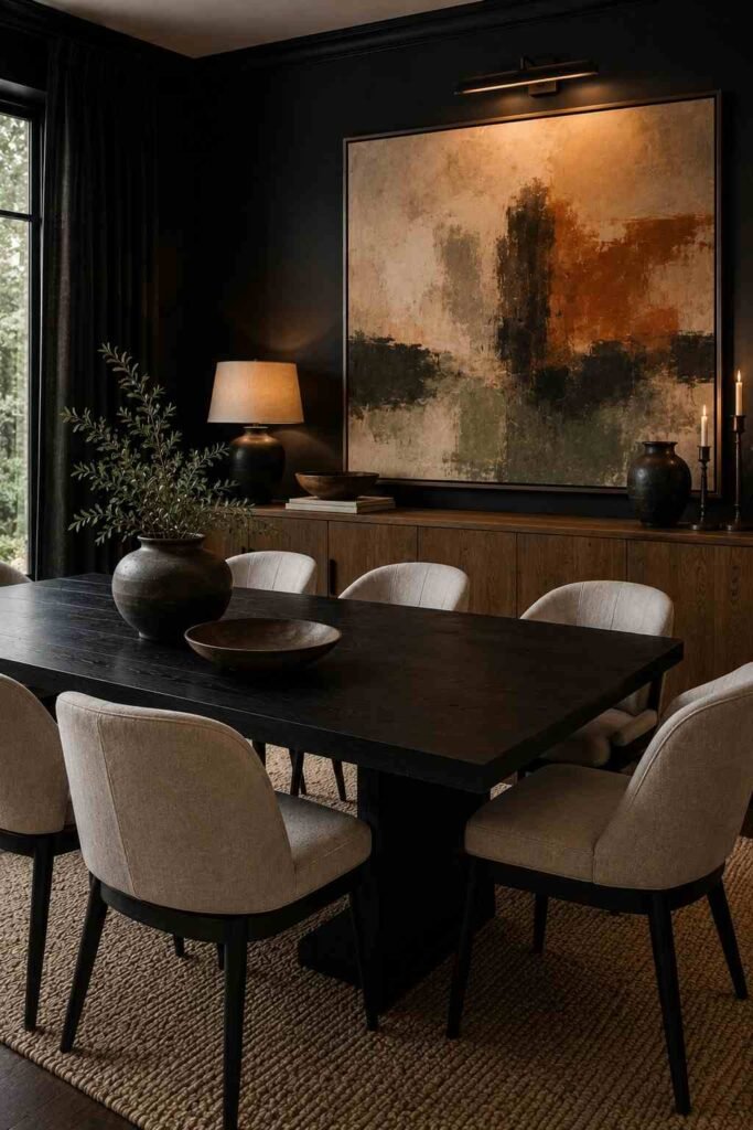 Black dining room with oversized neutral abstract artwork above a dark dining table and warm wood sideboard.