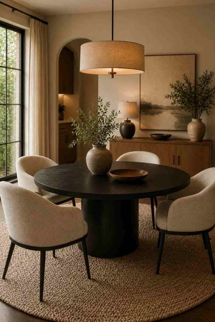 Round black dining table with curved cream chairs, beige rug, natural accents, and warm pendant lighting.