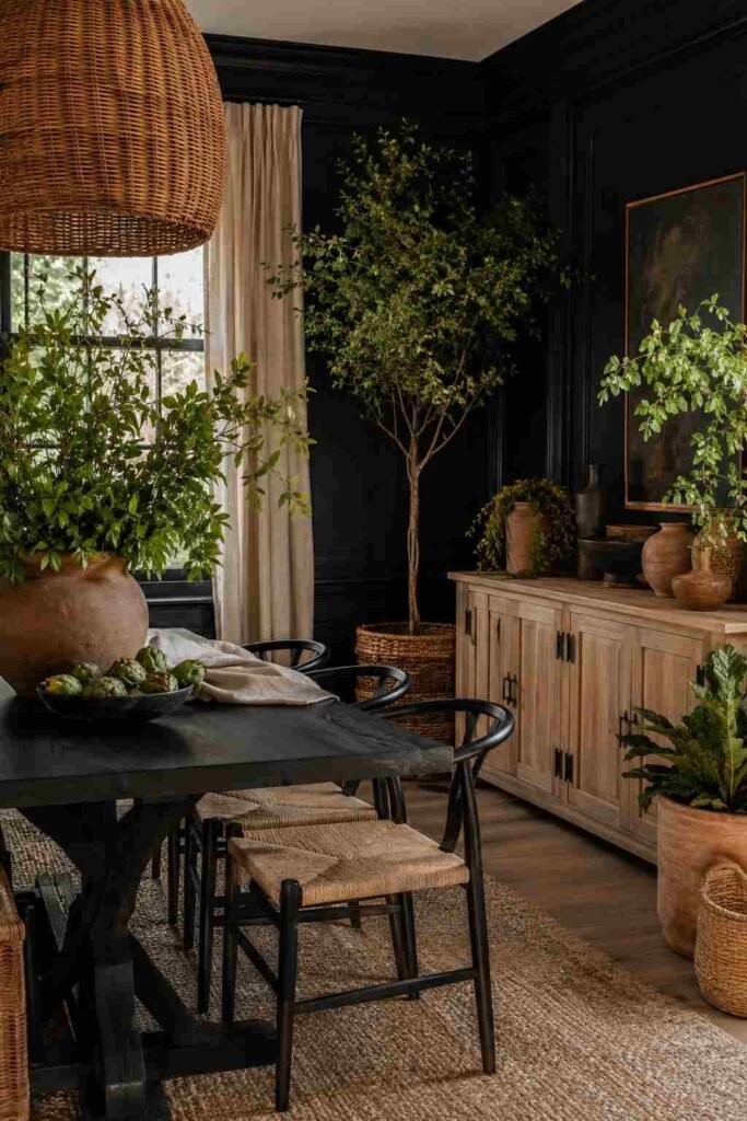 Black dining room decorated with lush greenery, rattan, linen, natural wood, and earthy textures.