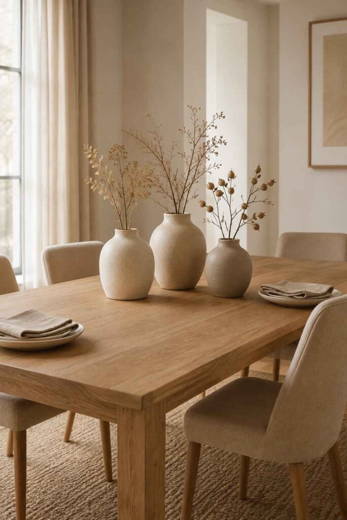 Dining table decorated with fresh eucalyptus and olive branches in a simple cream ceramic vase.