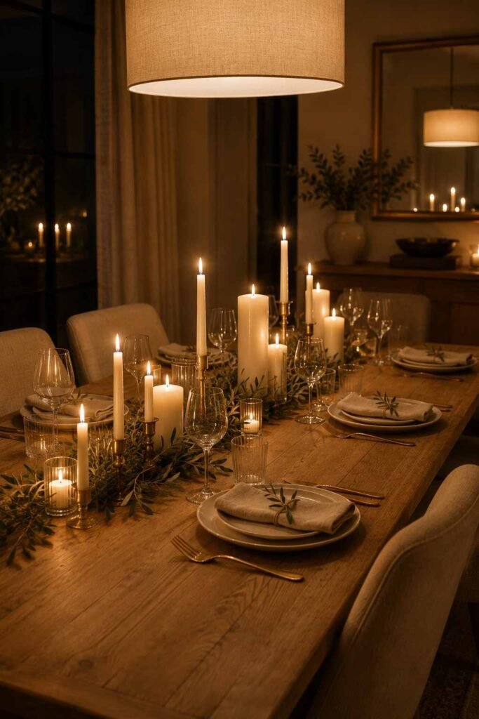 Minimal dining table with three neutral ceramic vases in different shapes and soft earthy tones.