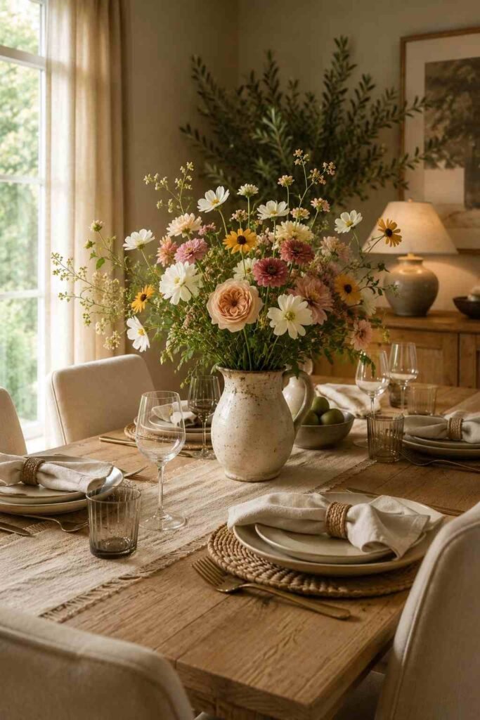 Dining table decorated with ivory candles, brass holders, warm lighting, and neutral tableware.