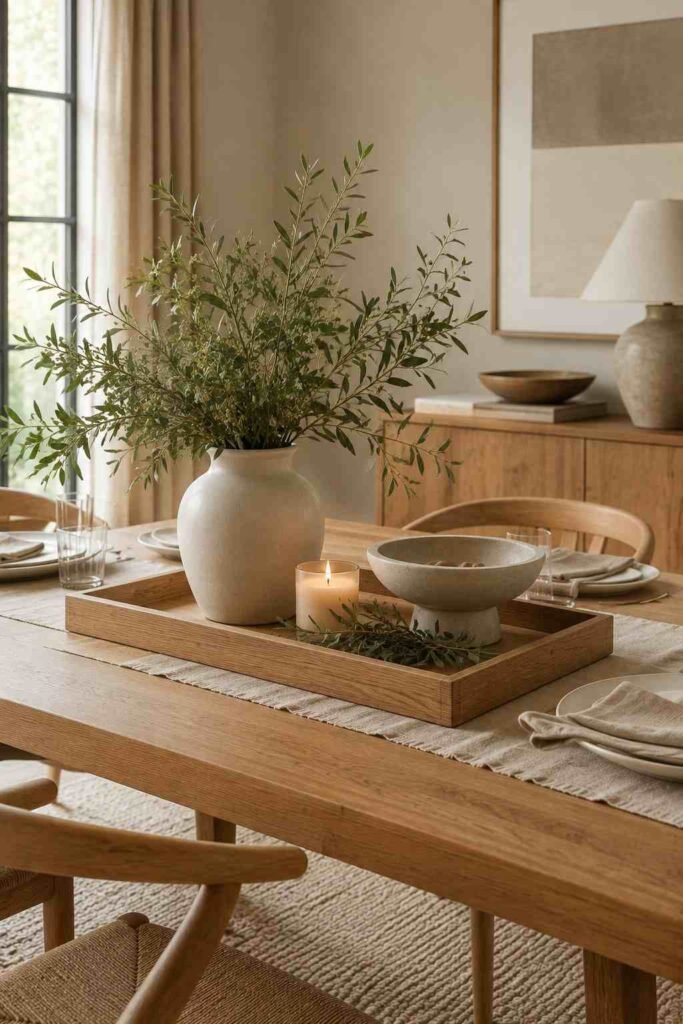 Dining table with a loose seasonal flower arrangement in a vintage ceramic pitcher.