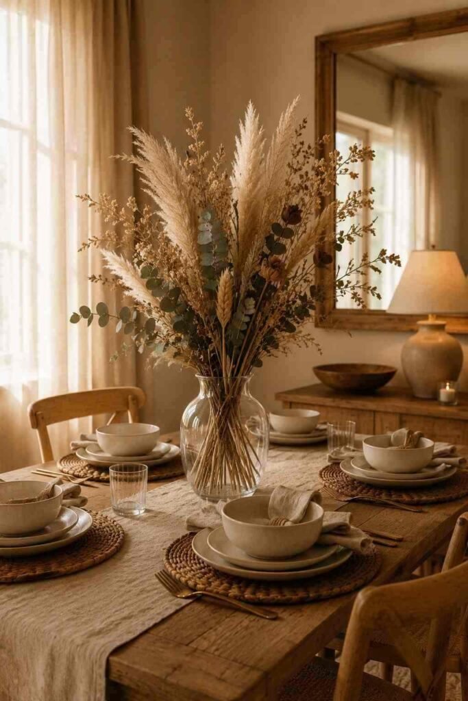 Wooden dining table tray styled with a ceramic vase, candle, bowl, and greenery.