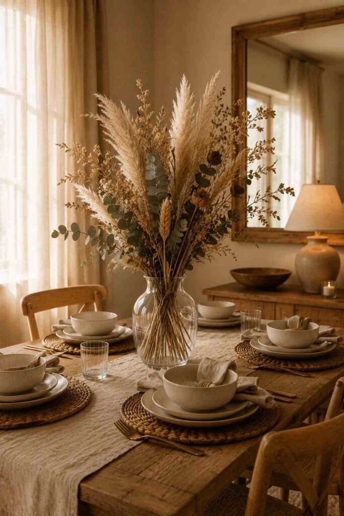Dining table decorated with dried flowers, pampas grass, eucalyptus, and neutral natural textures.