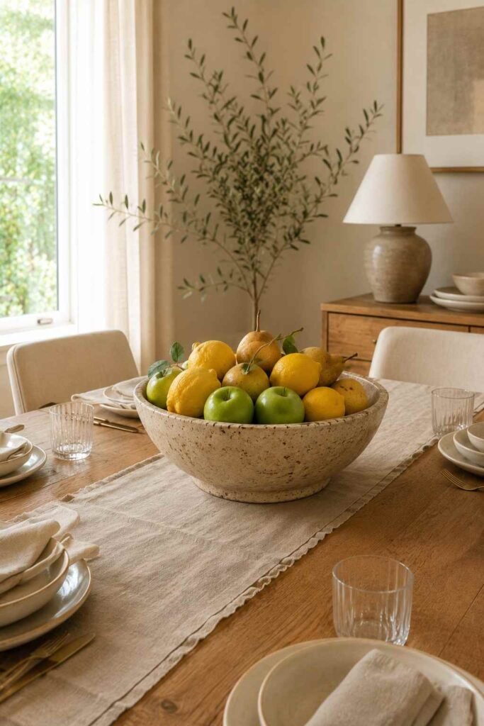 Dining table decorated with a ceramic bowl filled with colorful fresh fruit.