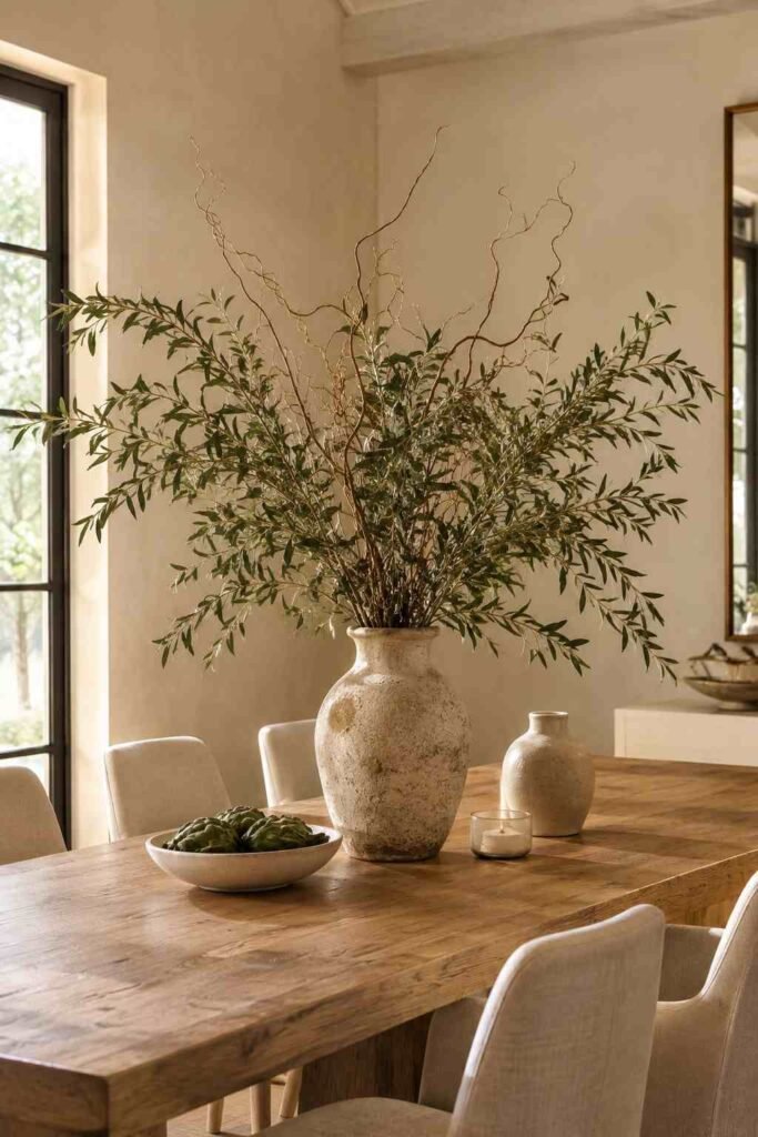 Tall olive and willow branches displayed in a sculptural vase on a modern dining table.