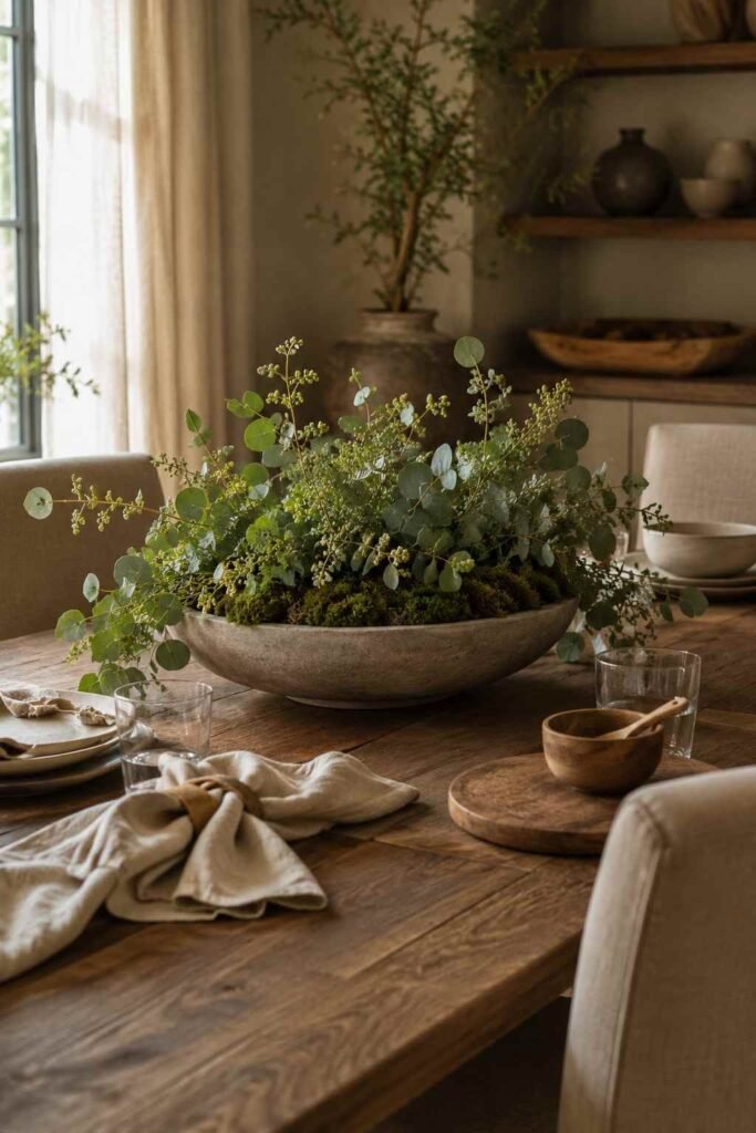 Low stone bowl filled with seasonal greenery as a simple dining table centerpiece.