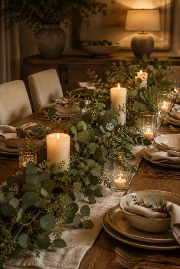 Dining table centerpiece combining fresh greenery with ivory candles and warm evening lighting.