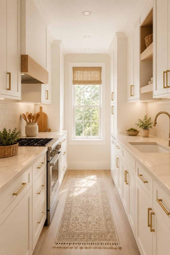  Bright small galley kitchen with warm white cabinets, pale countertops, and soft neutral finishes.
