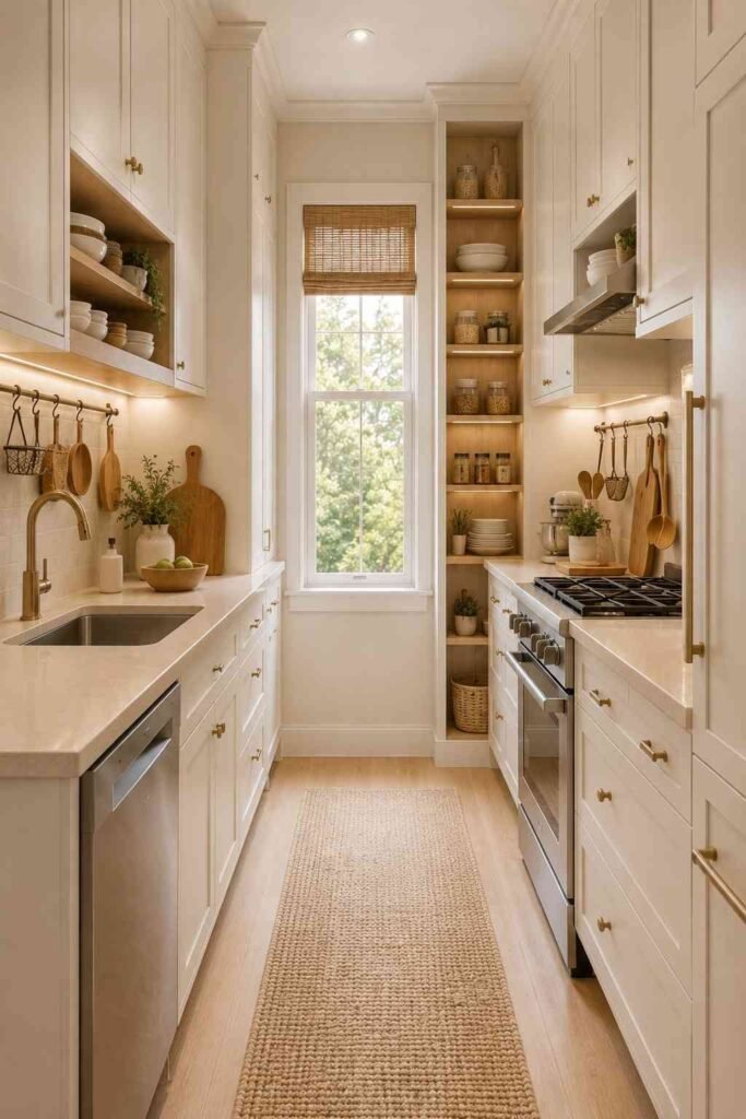  Small galley kitchen using tall cabinets, vertical shelving, rails, and organized storage.
