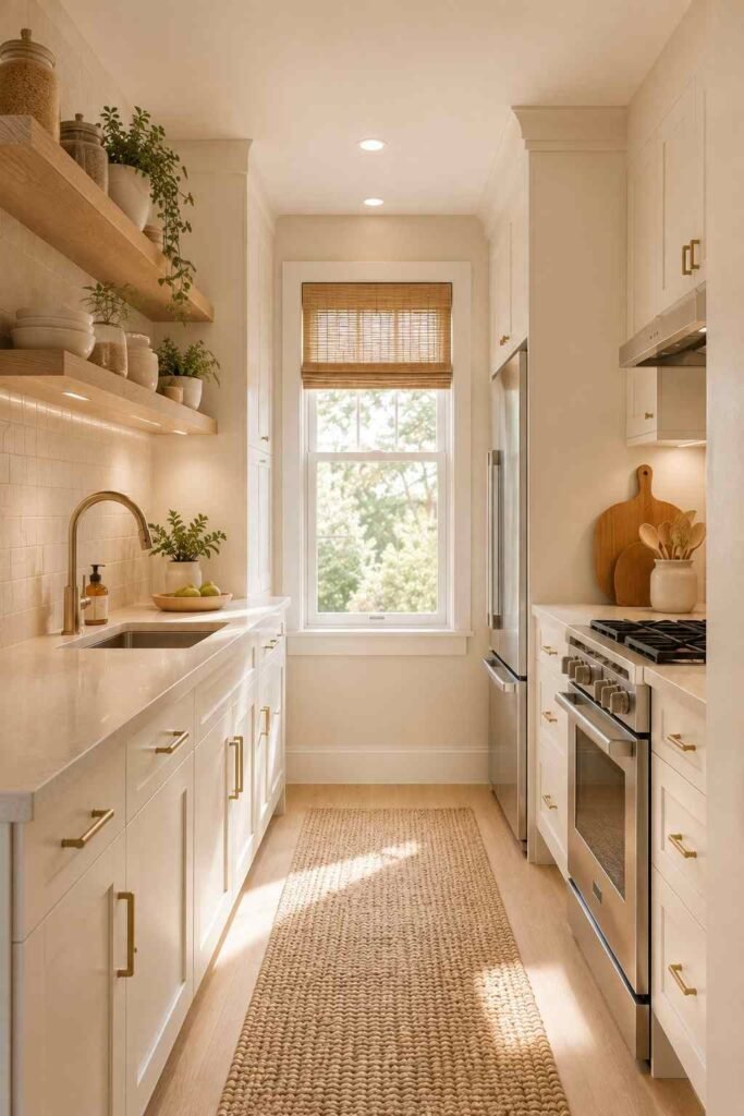  Small galley kitchen with open oak shelves displaying ceramics, glass jars, wood accessories, and greenery.
