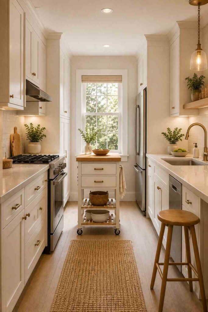 Small galley kitchen with a slim rolling cart, butcher-block top, white cabinets, and clear walkway.
