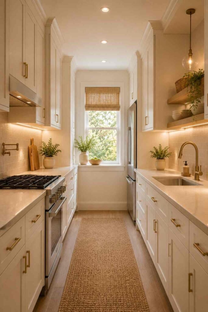  Small galley kitchen with layered ceiling, pendant, and under-cabinet lighting for a bright workspace.
