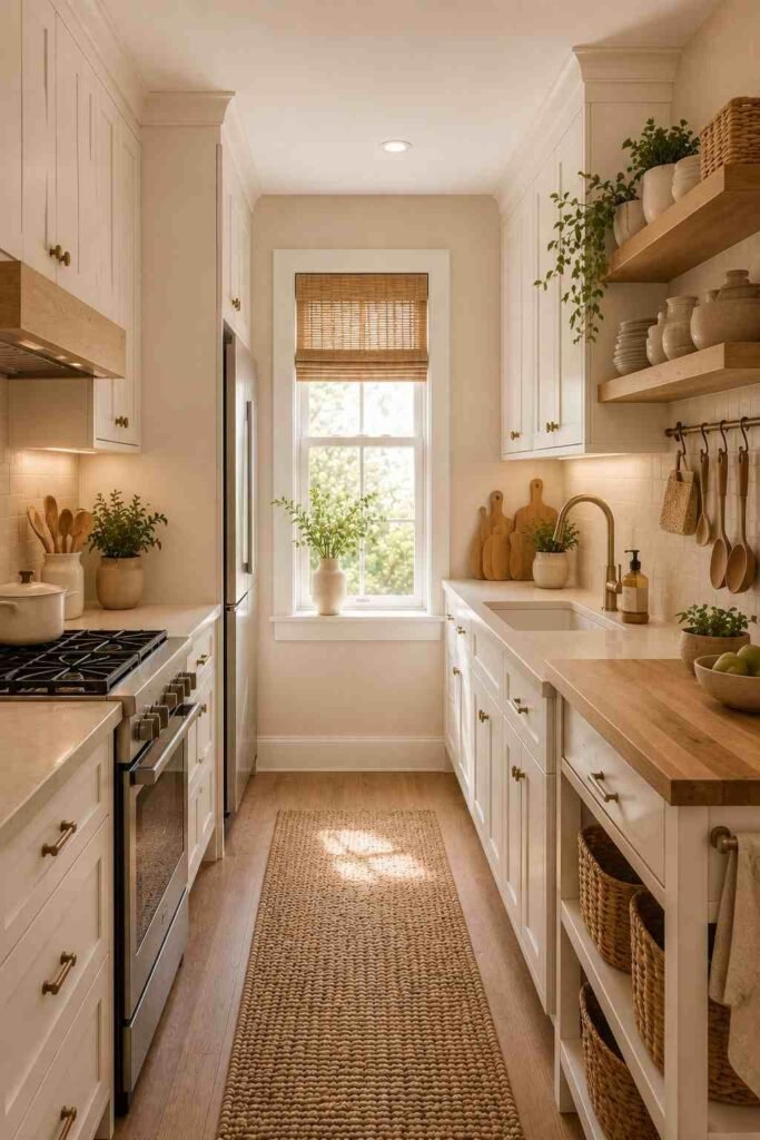Small galley kitchen combining warm white cabinets with natural oak shelves and cozy wood accents.
