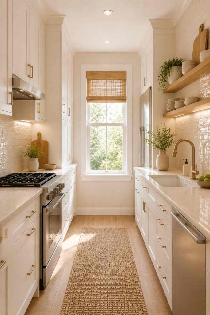 
 Small galley kitchen with a glossy light backsplash that reflects natural light and brightens the space.
