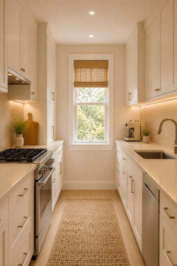 Organized small galley kitchen with clear countertops, concealed storage, warm white cabinets, and minimal decor.
