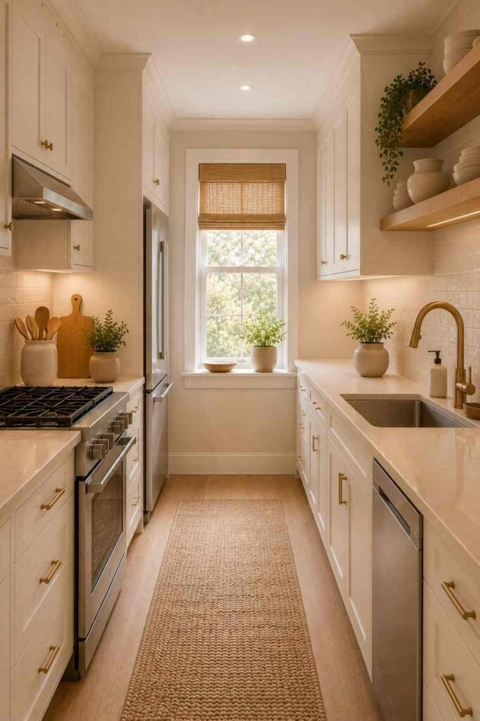  Small galley kitchen with slim integrated appliances, streamlined cabinets, and a clear central walkway.
