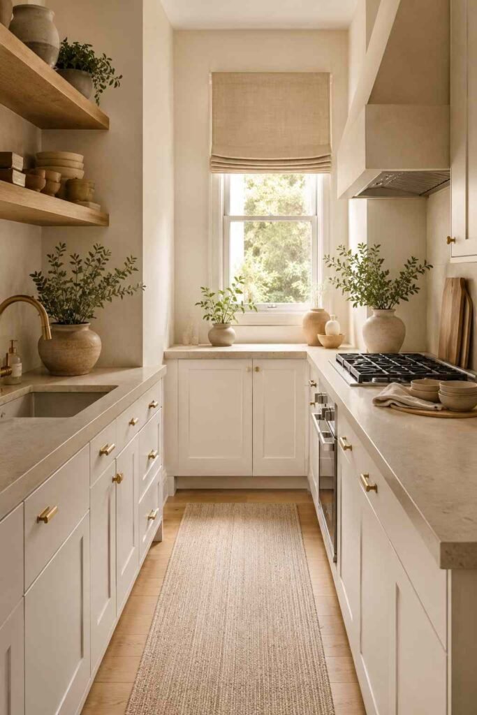  Small galley kitchen with warm white, beige, cream, taupe, and light oak neutral tones.
