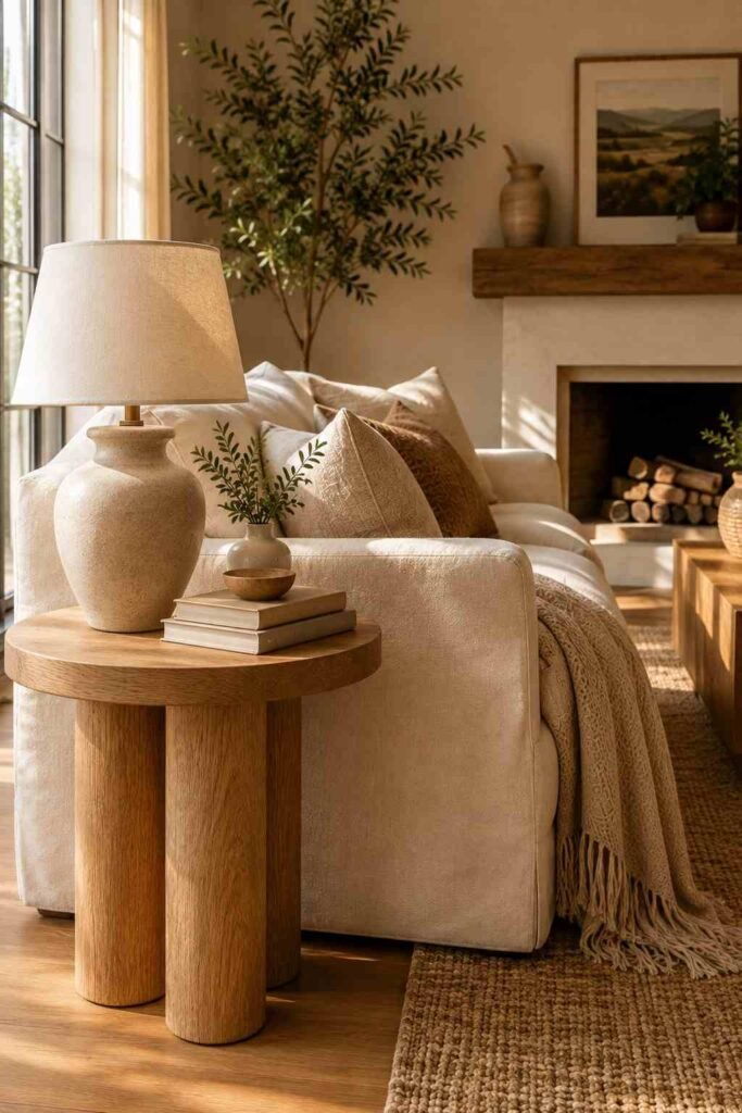 Warm wooden side table beside a cream sofa in a cozy neutral living room
