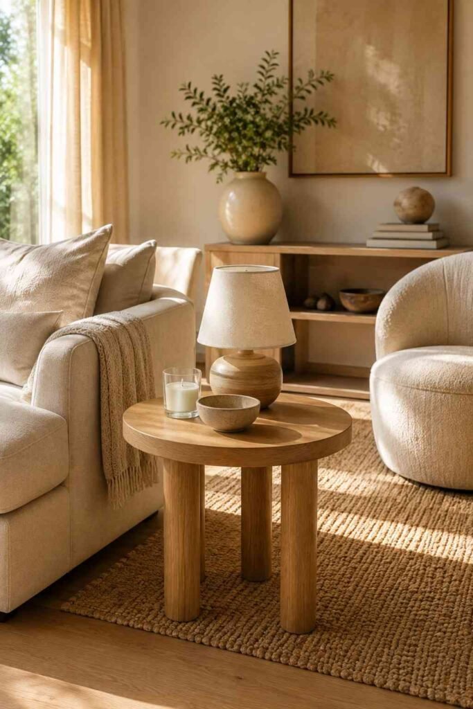 Round wooden side table beside a beige sofa and accent chair in a soft living room