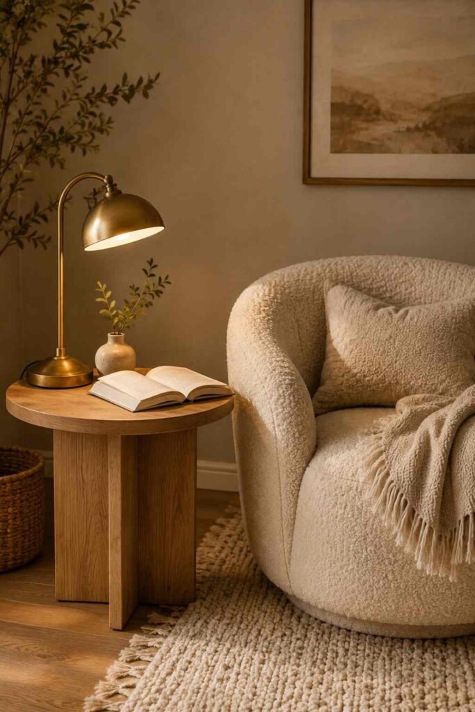 Wooden side table styled beside a boucle accent chair in a cozy reading corner
