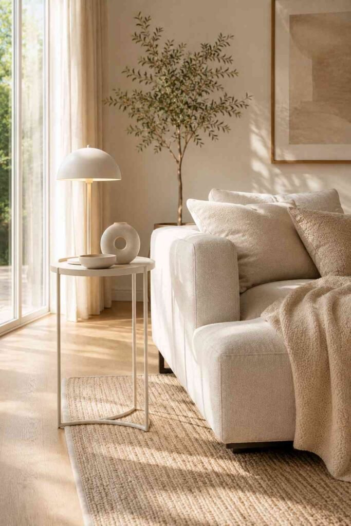 Minimalist side table beside a beige sofa in a clean modern living room
