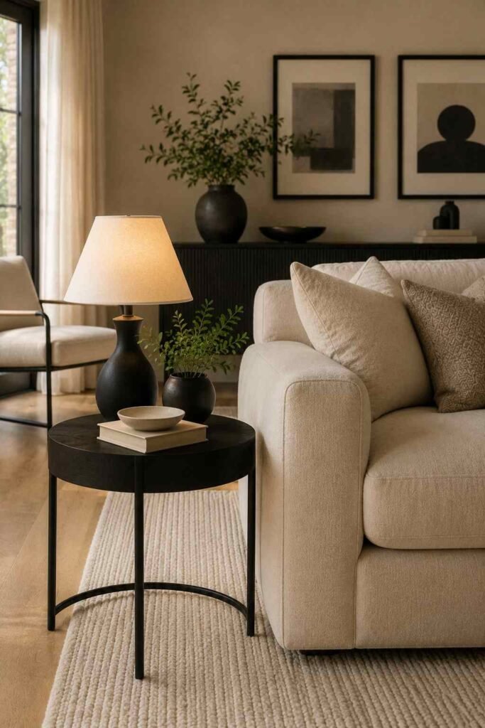 Black side table beside a cream sofa with modern neutral living room decor
