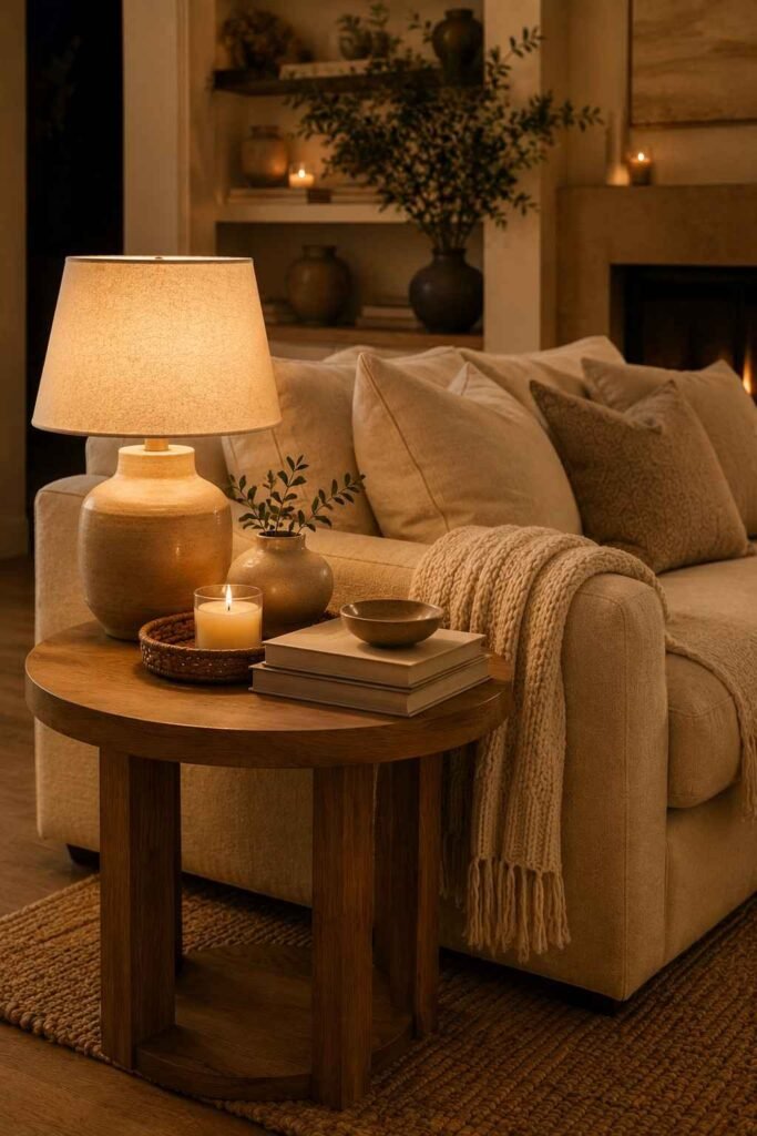Cozy wooden side table with layered decor, lamp, books, and candle beside a sofa
