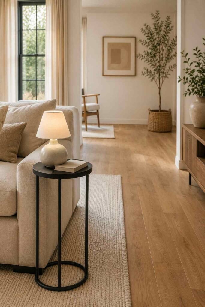Small round side table beside a sofa in a compact airy living room
