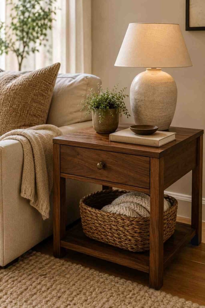 Wooden side table with drawer and storage beside a beige sofa
