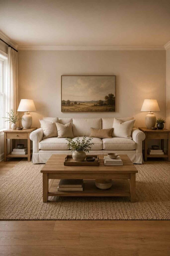Matching wooden side tables and lamps positioned on both sides of a cream sofa
