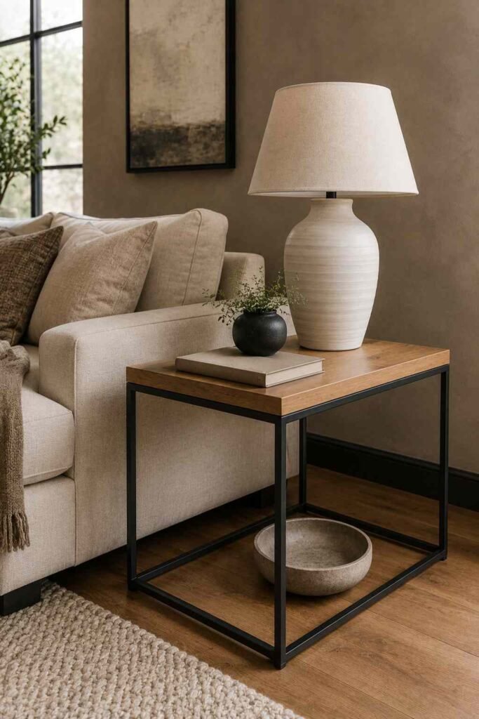 Modern wood and black metal side table beside a beige sofa
