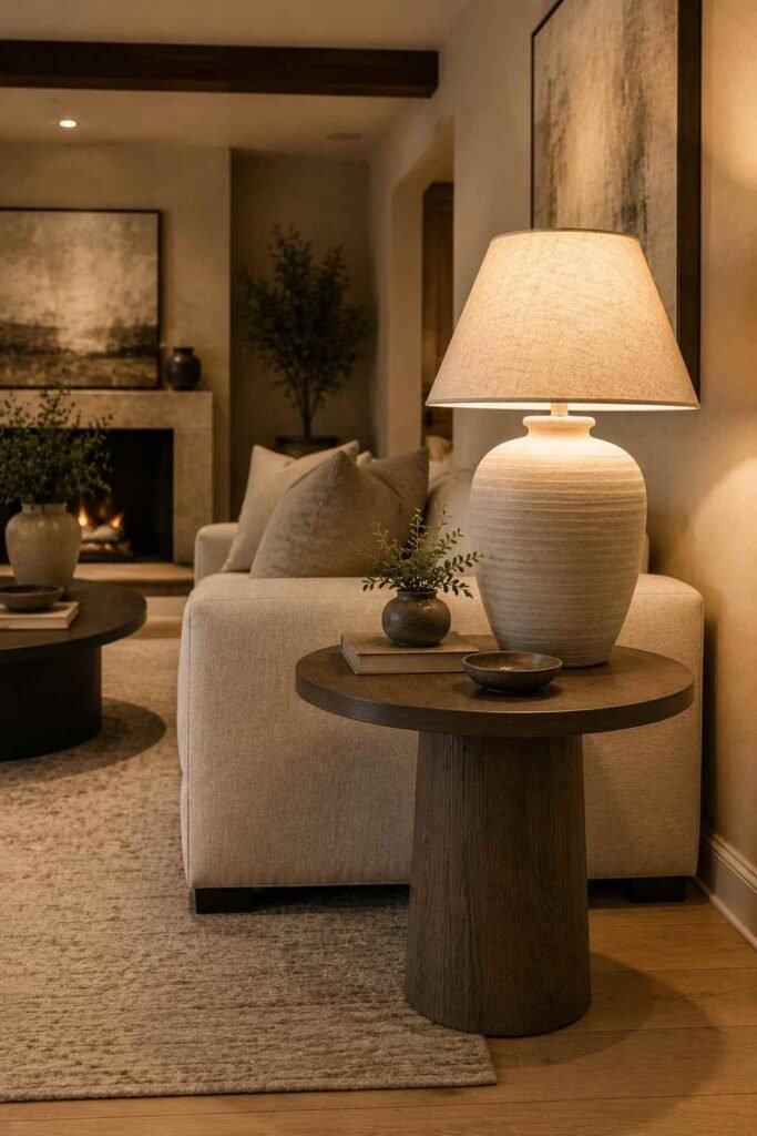Statement ceramic lamp styled on a side table beside a cream sofa
