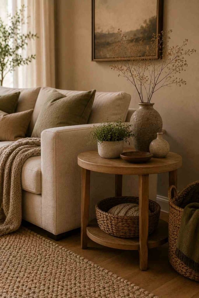 Natural wood side table decorated with greenery and earthy accessories beside a beige sofa
