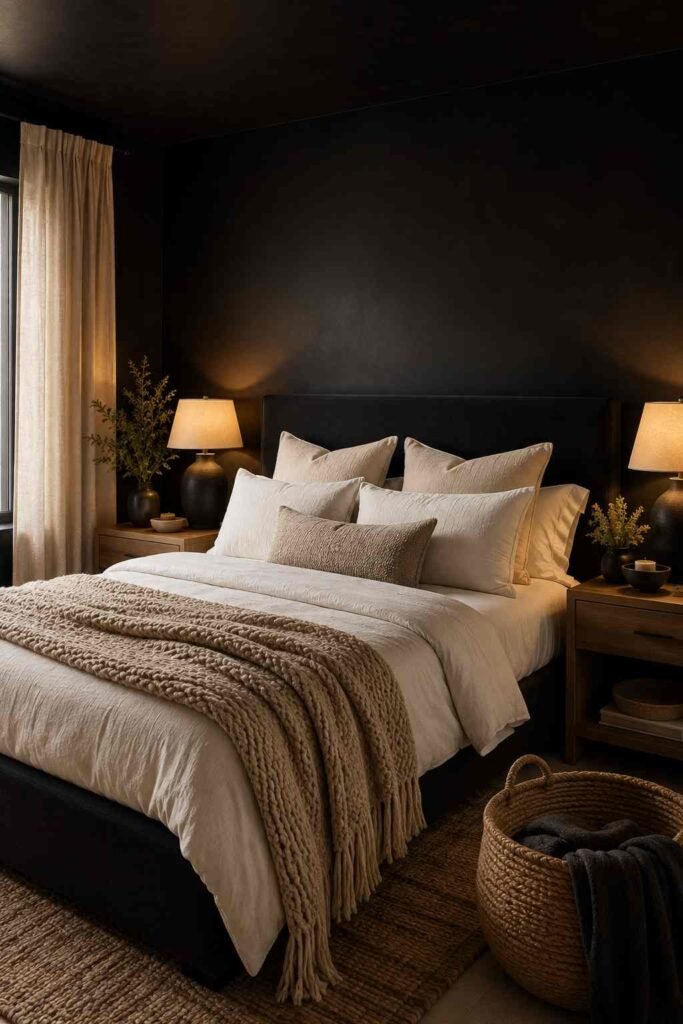  Cozy black bedroom with matte black walls, cream bedding, warm wood accents, textured throws, and soft golden bedside lighting.
