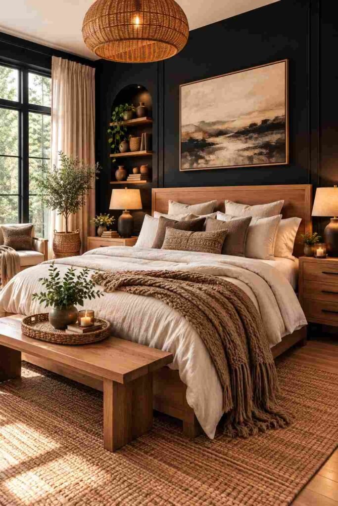  Modern black bedroom with natural oak furniture, cream bedding, warm wood accents, and matte black walls.
