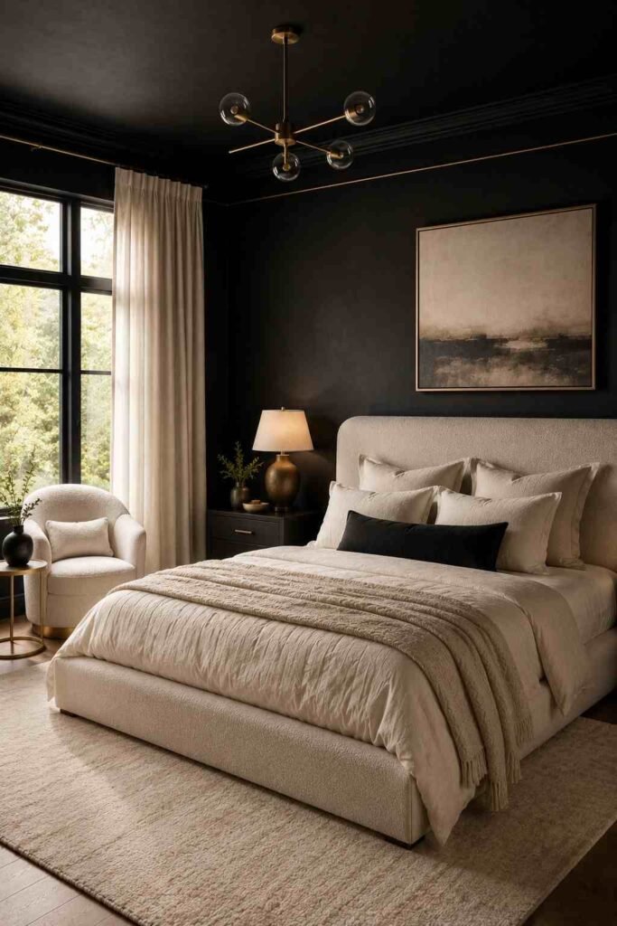  Elegant black bedroom with cream upholstered furniture, ivory curtains, beige bedding, and subtle brass accents.
