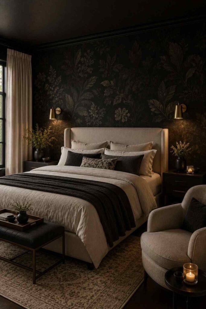  Moody black bedroom with botanical wallpaper, neutral bedding, brass wall sconces, and elegant contemporary décor.
