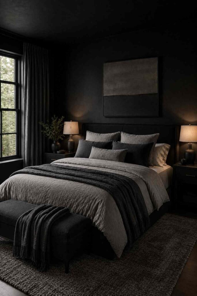  Moody black bedroom with botanical wallpaper, neutral bedding, brass wall sconces, and elegant contemporary décor.
