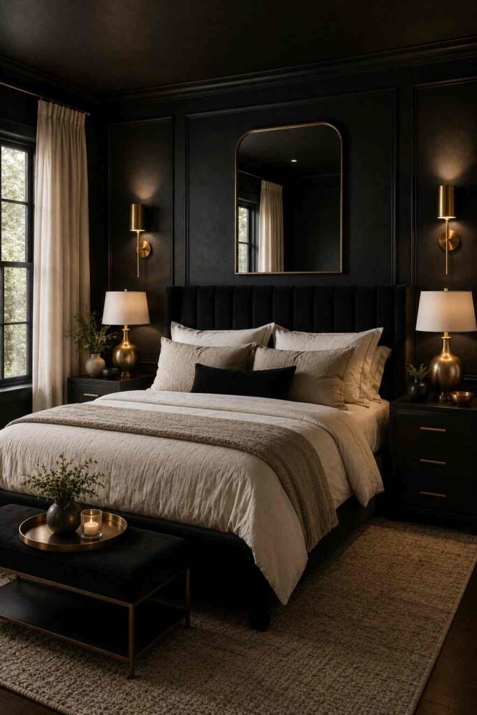  Monochromatic black bedroom with charcoal curtains, gray bedding, layered textures, and warm ambient lighting.
